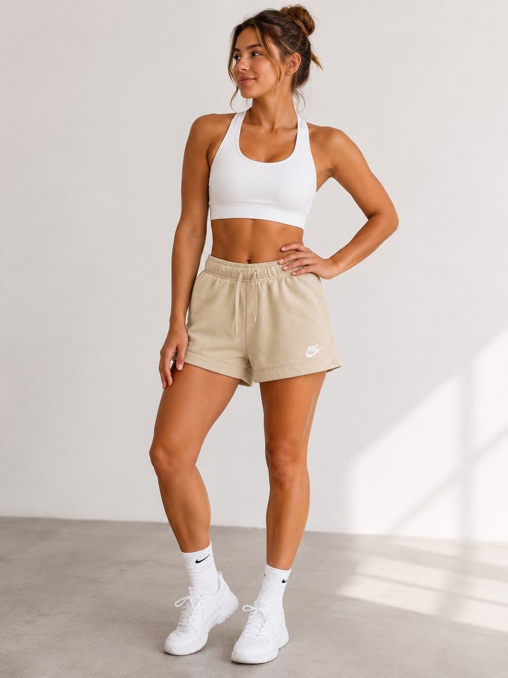 Nike Sportswear Club Fleece Shorts Women's XS Beige Embroidered Logo Drawstring